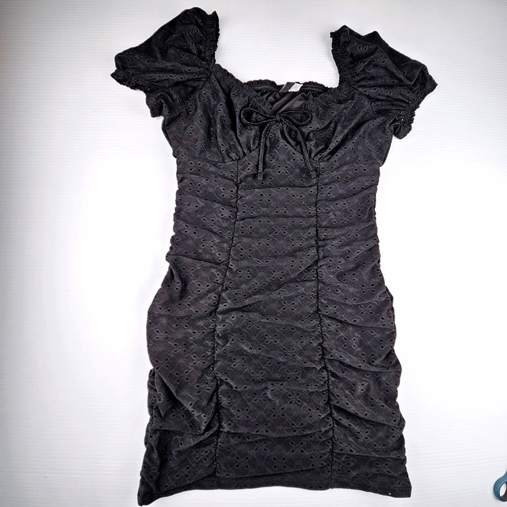 H&M Divided Black Eyelet Ruched Mini Dress Short Puff Sleeve Witchy Whimsigoth M
